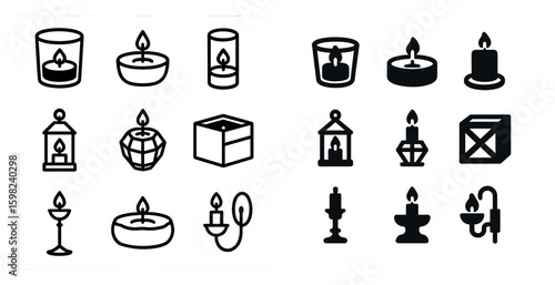 Candle outline icons set – linear, minimalist, lighting and decor symbols