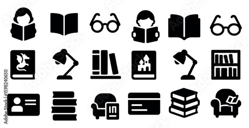 Library and reading solid icons set – filled, book, study and education symbols