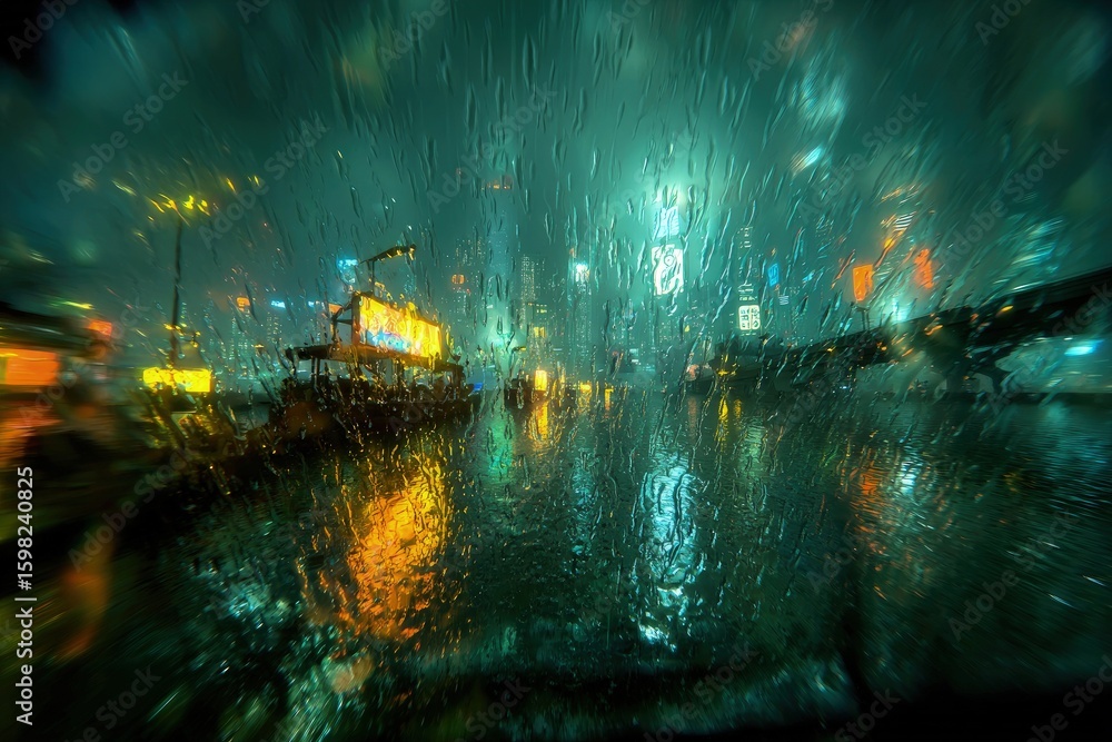 Obraz premium Rainy Night Cityscape View Through Car Window