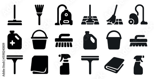 Cleaning tools solid icons set: filled, household, sanitation symbols for hygiene
