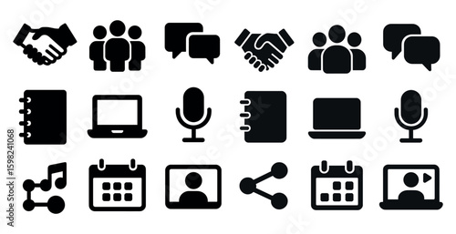 Communication and office solid icons set – filled, business, professional symbols