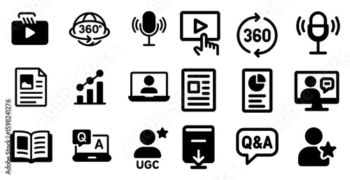 Media and communication icons set - silhouette, solid, digital and broadcast symbols