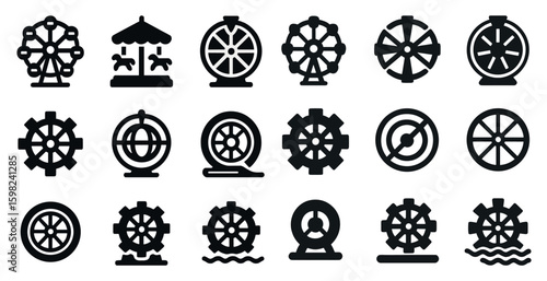 Amusement park silhouette icons set – simple, fun, carnival and entertainment symbols