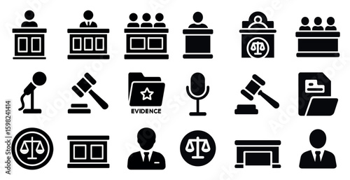 Courtroom and law solid icons set – filled, legal, justice and courtroom symbols