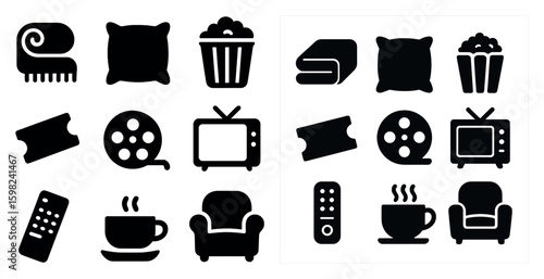 Home entertainment solid icons set – flat, filled, leisure and media symbols
