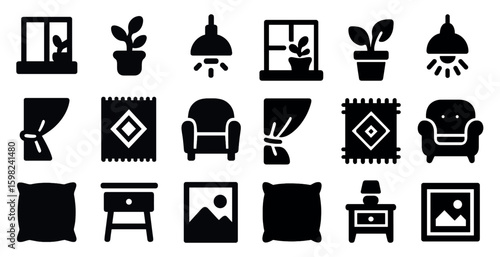Home decor icons set - silhouette, solid, interior and furnishing symbols