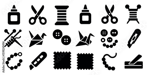 Crafting and sewing solid icons set – flat, filled, diy and hobby symbols