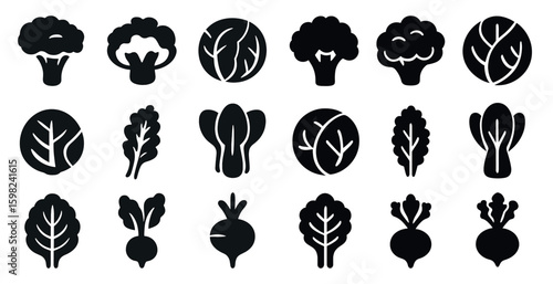 Vegetable silhouette icons set – flat, filled, healthy eating and gardening symbols