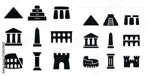 Ancient architecture icons set – solid, filled, historic and classical symbols