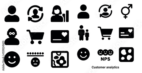 Customer analytics solid icons set – filled, user data, shopper interactions symbols