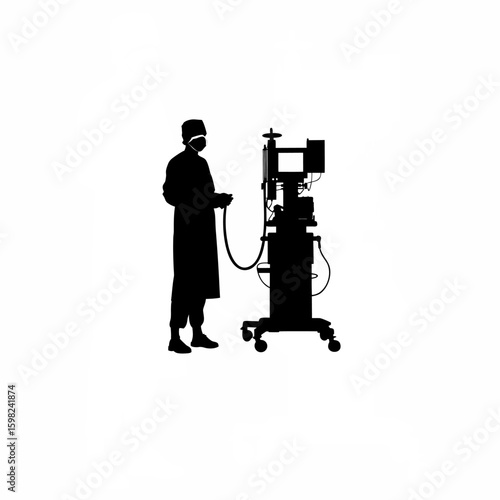 Surgeon standing beside anesthesia machine silhouette on white background
