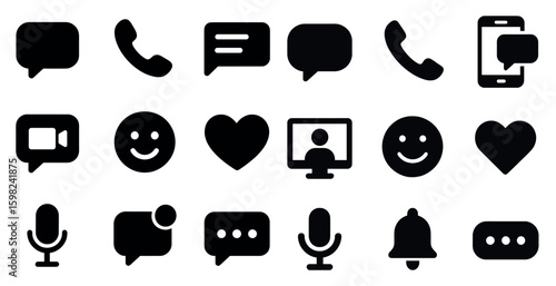 Communication and chat solid icons set – filled, messaging, social symbols