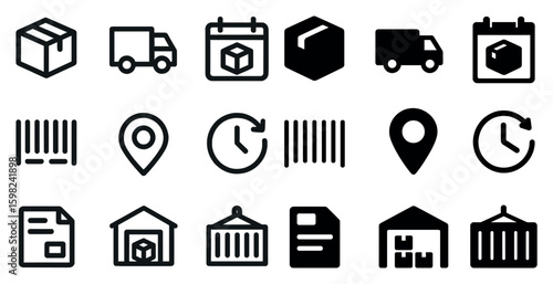 Logistics solid icons set – flat, filled, delivery and warehouse symbols