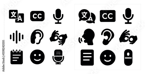 Accessibility and communication solid icons set – filled, deaf services symbols