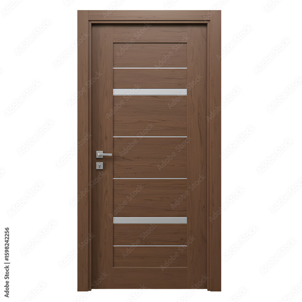 Realistic 3D Illustration of Modern Wooden Door With Silver Accents and Transparent PNG Realistic 3D Illustration of Modern Wooden Door With Silver Accents and Transparent PNG