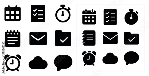 Productivity tools solid icons set – crisp, filled, task management symbols