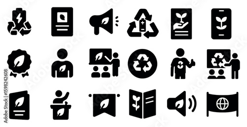 Environmental awareness filled icons set – solid, eco-friendly, conservation symbols