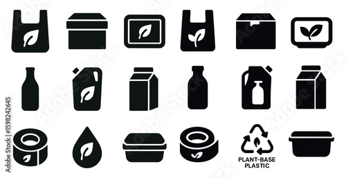Eco-conscious packaging solid icons set – filled, green, biodegradable symbols