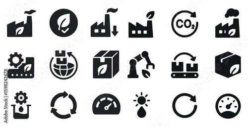 Eco and industry solid icons set – filled, environment and sustainability symbols