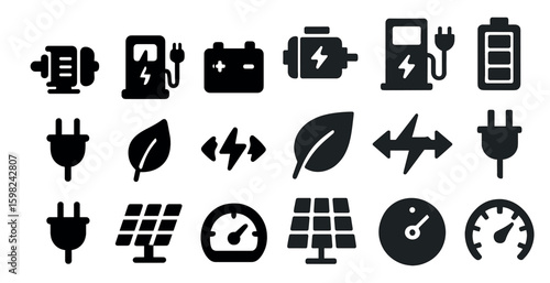 Electric vehicle solid icons set – flat, filled, charging and eco-friendly symbols