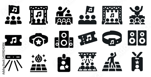 Music and concert solid icons set – filled, festival, event symbols