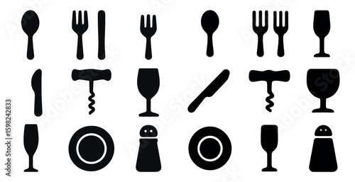 Restaurant and dining silhouette icons set – utensils, cookware, kitchenware symbols