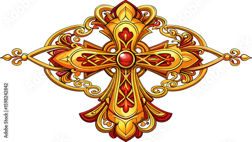 Ornate gold cross pendant on white  background, cut out transparent