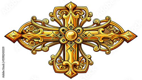 Ornate gold cross pendant on white  background, cut out transparent