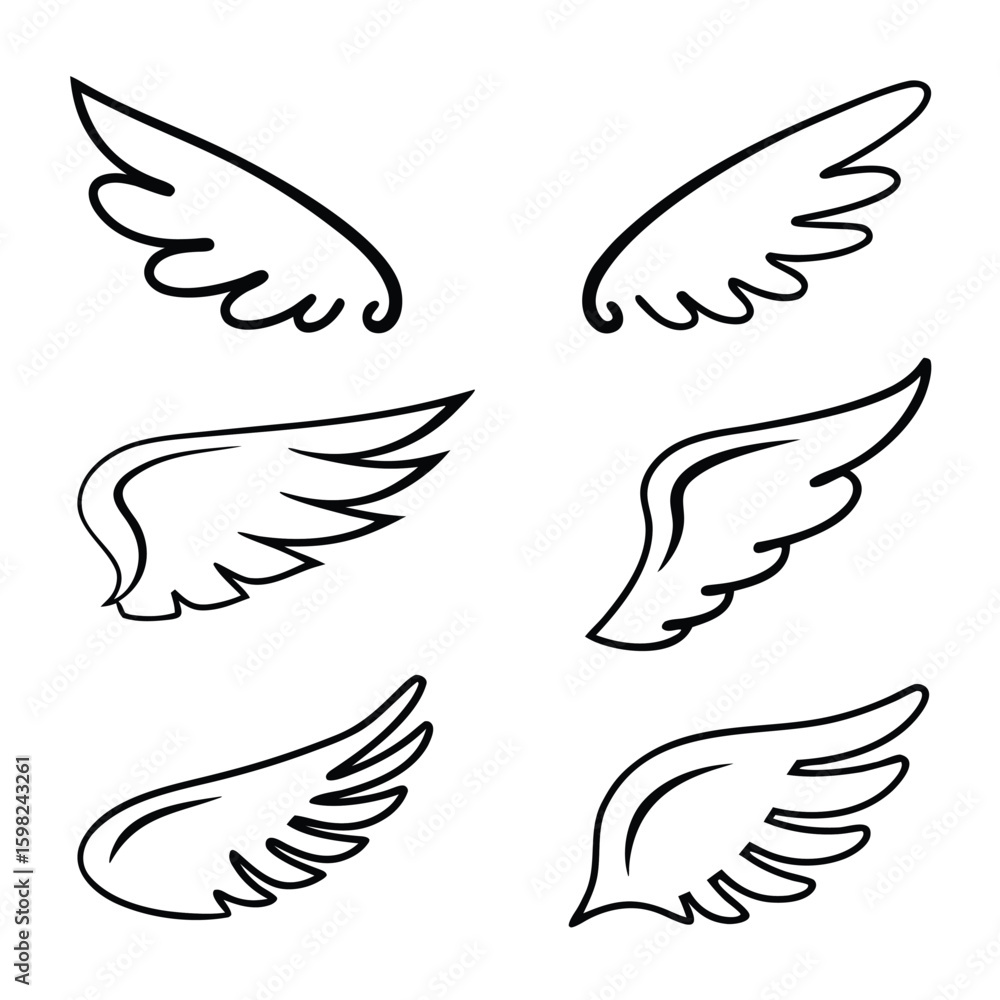 Obraz premium Six Stylized Black Outline Wings on White Background angel bird