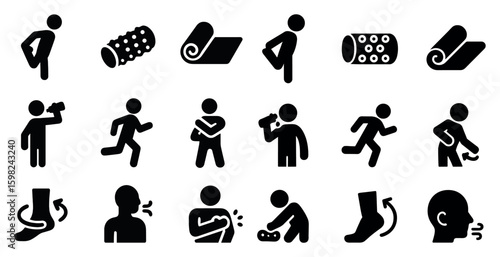 Exercise and fitness silhouette icons set – solid, filled, workout and health symbols
