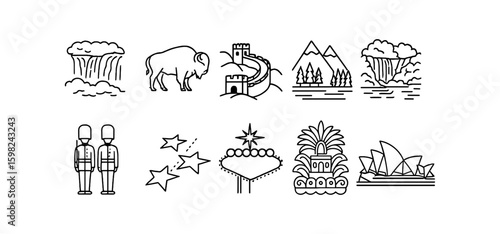 Landmarks solid icon set. famous structures and natural wonders in solid style