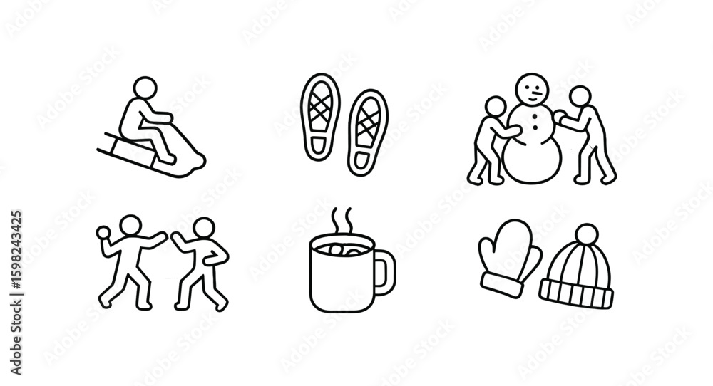 Fototapeta premium Winter activities icon set. outdoor, play, and cozy symbols in line style