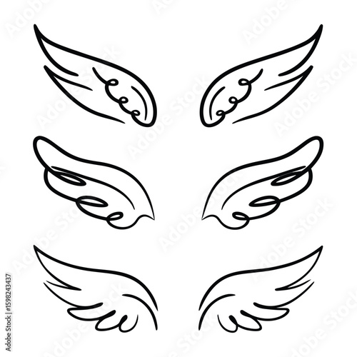 Three Pairs of Stylized Black Outline Wings on White Background angel bird