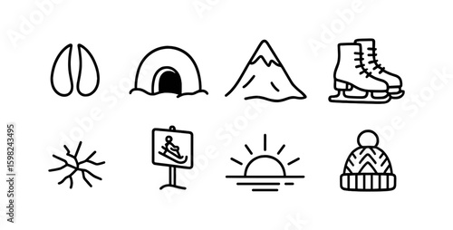 Winter and skiing linear icon set. cold weather, snow sports, ski gear graphics
