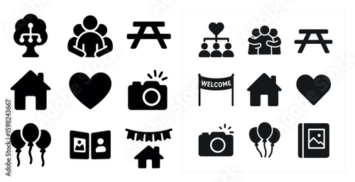 Community and family solid icons set – filled, social, relationship symbols