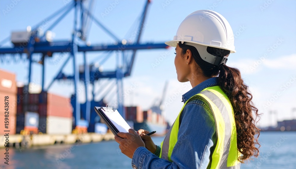 Obraz premium female port supervisor in safety gear and helmet, holding a clipboard and observing cargo operations at the dock, medium shot from the side, container cranes in the background, natural daylight, **neg