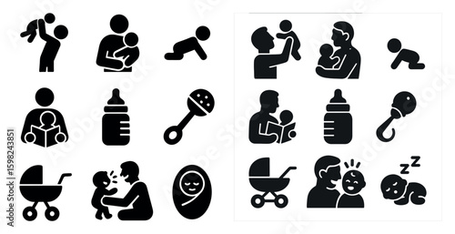 Baby and parenting silhouette icons set – solid, filled, childcare and infant care symbols