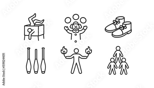 Circus fun line icon set. acrobat, juggling, clown, performance, entertainment icons