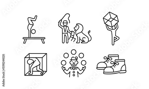 Circus performance outline icon set. fun, acrobat, animal, show, entertain, line art