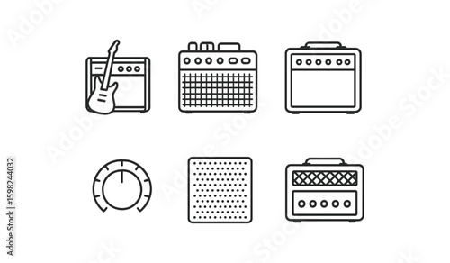 Music equipment outline icon set. guitar, amplifier, speaker flat collection