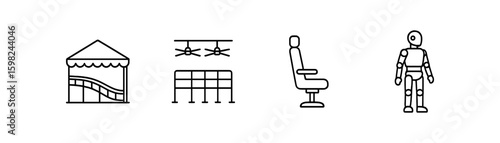 Entertainment and safety outline icon set. amusement, drone, seat, robot illustrations