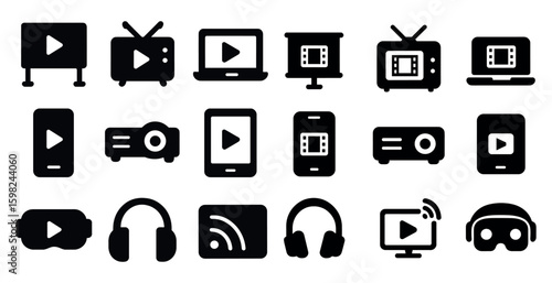 Multimedia silhouette icons set – solid, filled, video and audio symbols