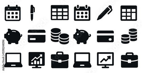 Business and finance solid icons set – filled, outline, economic symbols