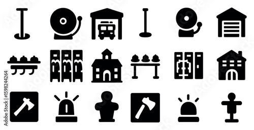 Fire station solid icons set – filled, emergency services and safety symbols
