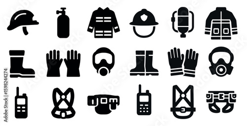 Firefighter safety solid icons set – rescue equipment, emergency response symbols