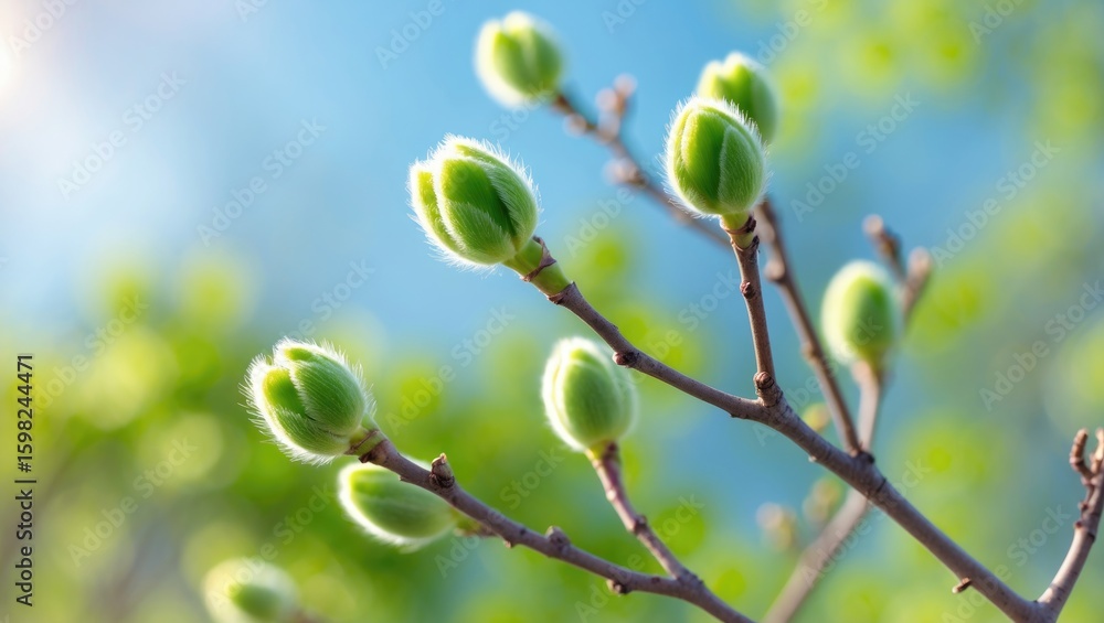 Buds on a branch in early spring with a blurred background of blue sky and green leaves. Fresh growth and renewal, nature, and springtime. Buds on a branch in early spring with a blurred background of blue sky and green leaves. Fresh growth and renewal, nature, and springtime.