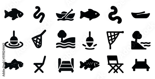 Fishing and recreation solid icons set – silhouette, filled, outdoor symbols