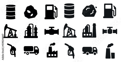 Oil and gas industry icons set – silhouette, solid, energy and fuel symbols