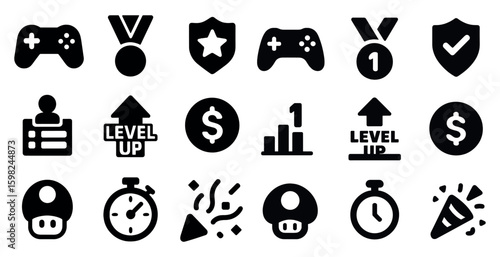 Gaming and achievement solid icons set – filled, level up, gameplay symbols