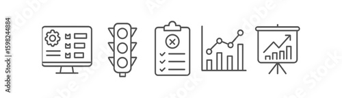 Business and finance line icon set. analytics, strategy, planning visuals collection